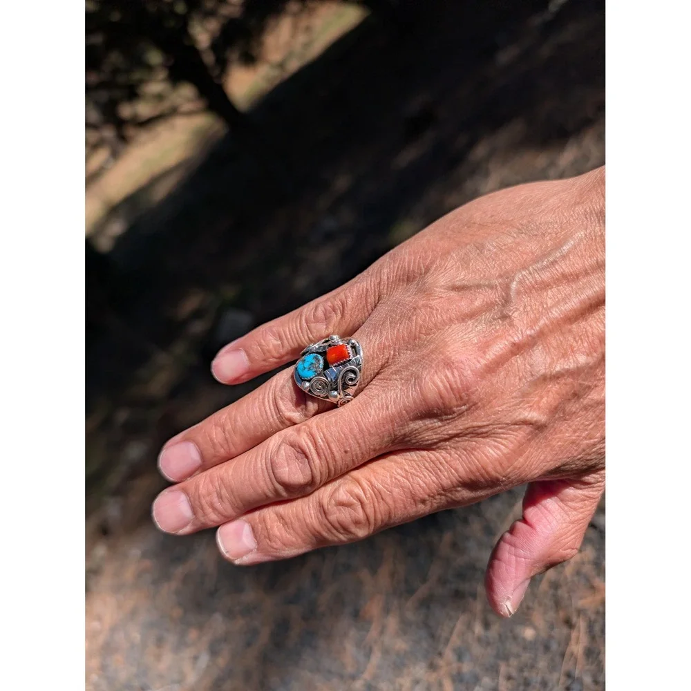 Navajo Men's Ring Sterling Silver Turquoise Coral by Lorena Brown sz 11.5 ***